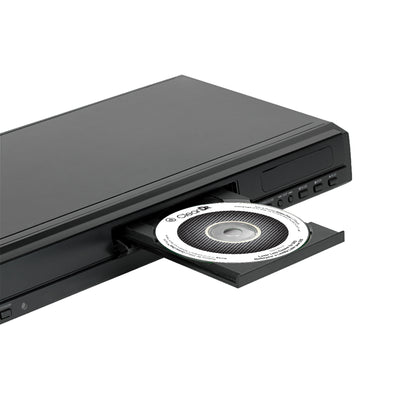 Studio photo showing a DVD player with the ClearDr for DVD disc placed in the open disc tray.