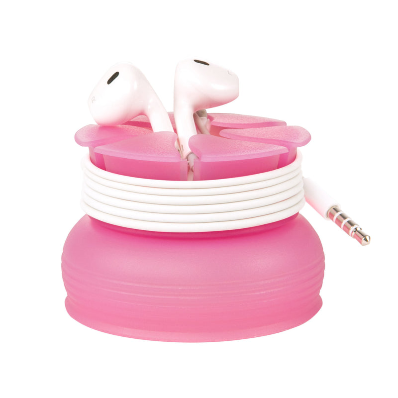 Side studio photo of a pink Nest with a pair white earbuds wrapped around it.