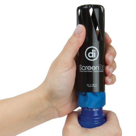 Photo of a pair of hands removing the cap on a bottle of ScreenDr, revealing a glimpse of the blue microfiber cloth.