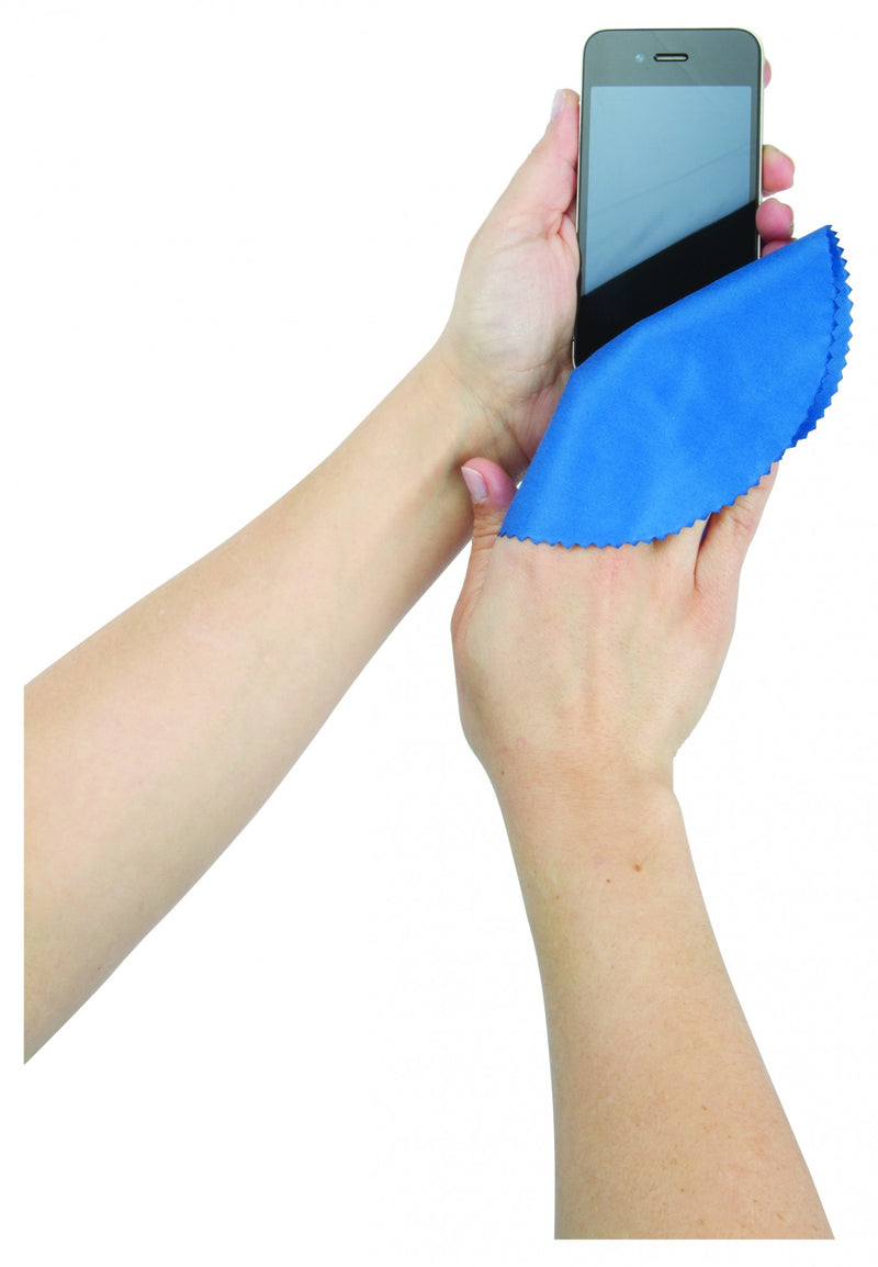 Photo of a pair of hands wiping a smartphone with a blue microfiber cloth.
