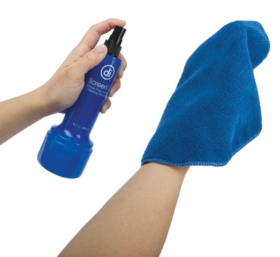 Photo of a pair of hands holding and spraying a bottle of ScreenDr screen cleaning solution onto a blue microfiber cloth.