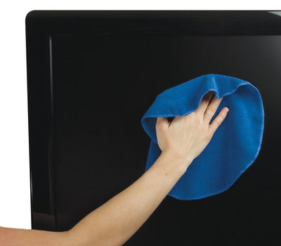 Photo of a hand wiping a large TV with a blue microfiber cloth.