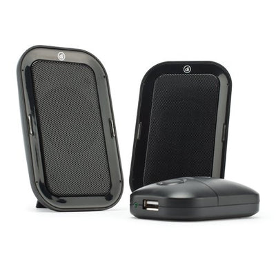 Acoustic portable speakers shown with battery pack