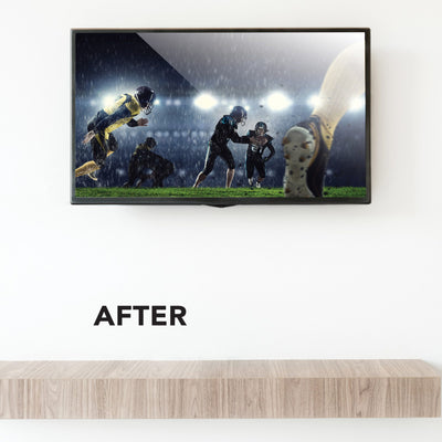 Photo of a clean shelf below a TV with the words, "After".