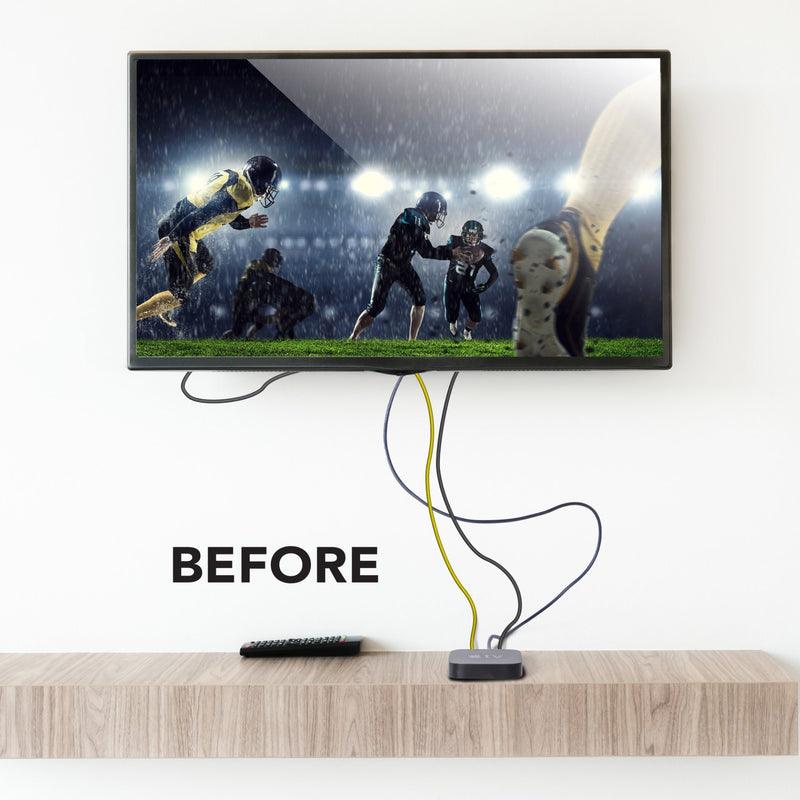 Photo of an AppleTV placed on a shelf below a TV and connected with messy cords and the words, "Before".