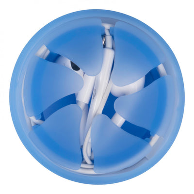 Overhead studio photo of a blue Nest containing a pair of white earbuds.