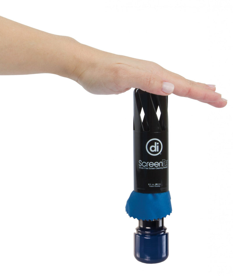 Studio photo of a hand pressing down on the cap on a bottle of ScreenDr 2 fl. oz. complete screen cleaning system.