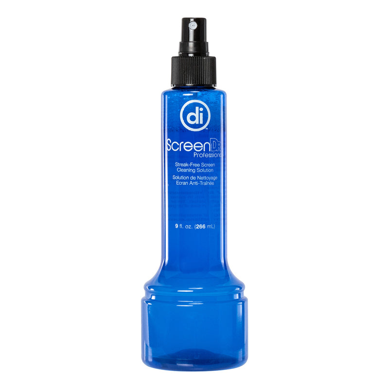 Studio photo of a blue bottle of ScreenDr cleaning solution with a black spray nozzle.