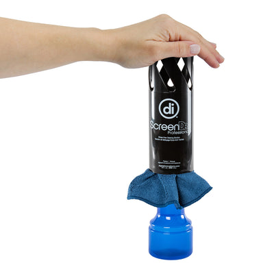 Studio photo of a hand closing the ScreenDr cleaning system by pressing down on a black vented cap over a blue microfiber cloth and blue bottle of solution.