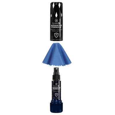 Studio photo of ScreenDr Advanced Formula 2 fl. oz. Screen Cleaning System expanded to show components, including black vented cap, blue microfiber cloth, and blue spray bottle.