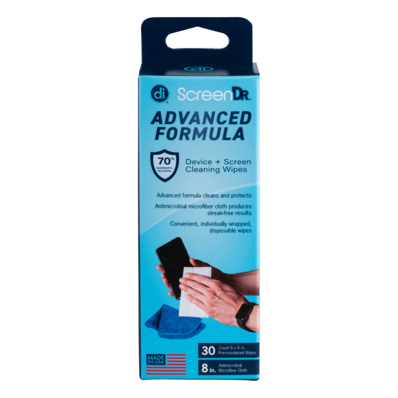 Studio photo of the front of a 30 count box of ScreenDr Advanced Formula screen cleaning wipes.