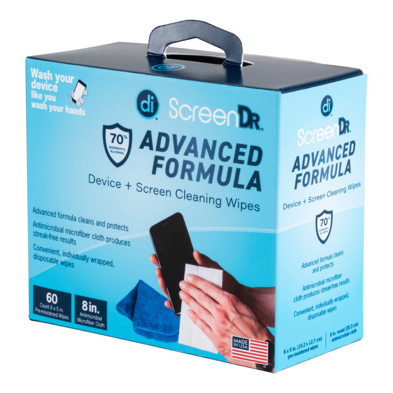 Angled studio photo of the front of a 60 count box of ScreenDr Advanced Formula Screen Cleaning wipes.