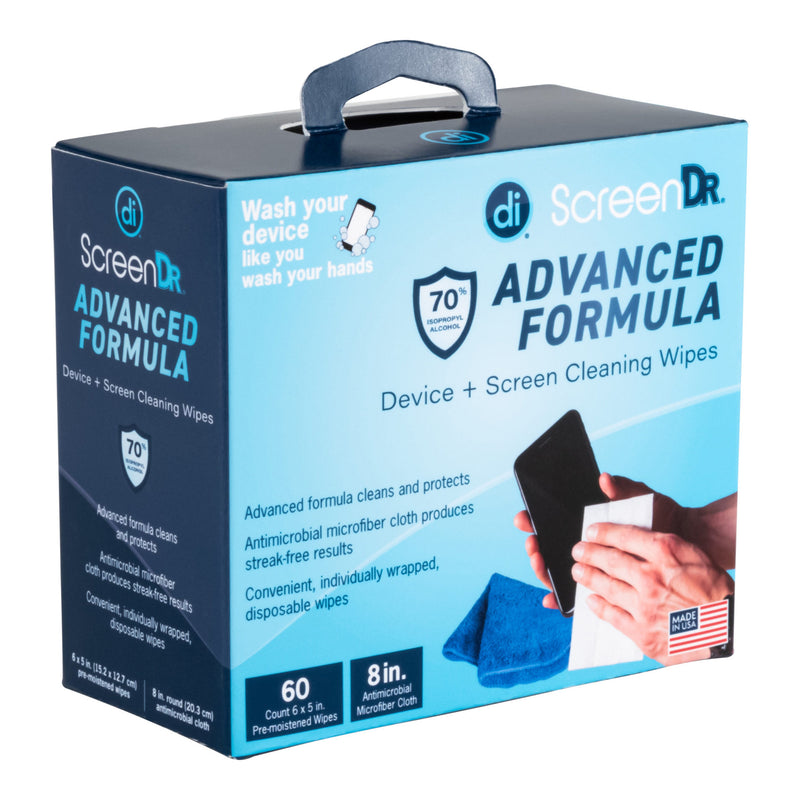 Angled studio photo of the front of a 60 count box of ScreenDr Advanced Formula Screen Cleaning wipes.