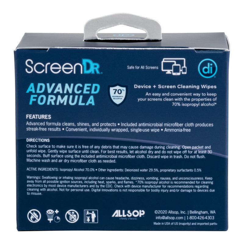 Studio photo of the back of a 60 count box of ScreenDr Advanced Formula Screen Cleaning wipes.