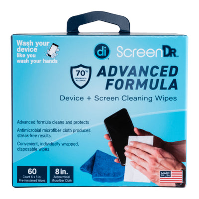Studio photo of the front of a 60 count box of ScreenDr Advanced Formula Screen Cleaning wipes.