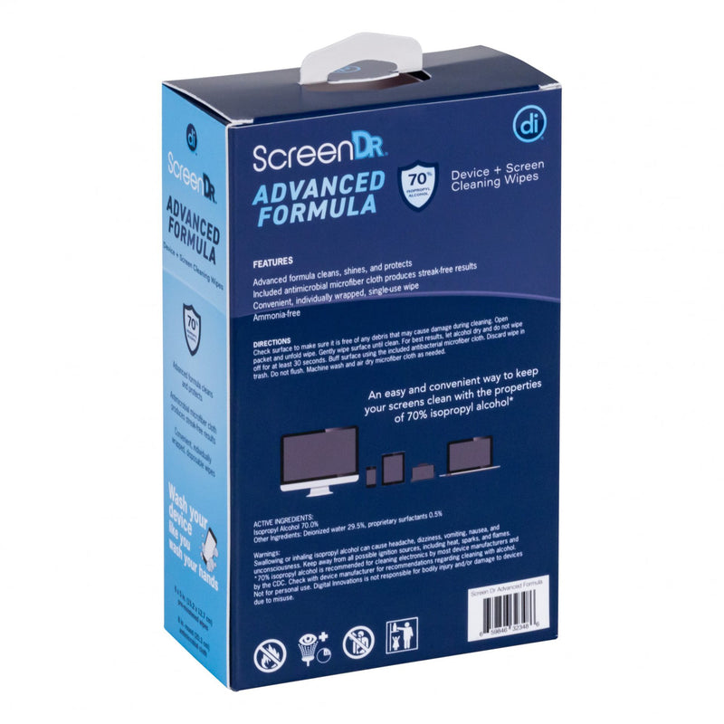 Angled photo of the back of a box of ScreenDr Advanced Formula 120 count screen cleaning wipes.