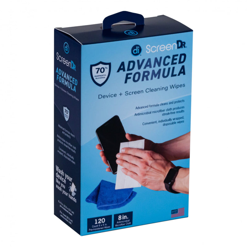Angled photo of the front of a box of ScreenDr Advanced Formula 120 count screen cleaning wipes.