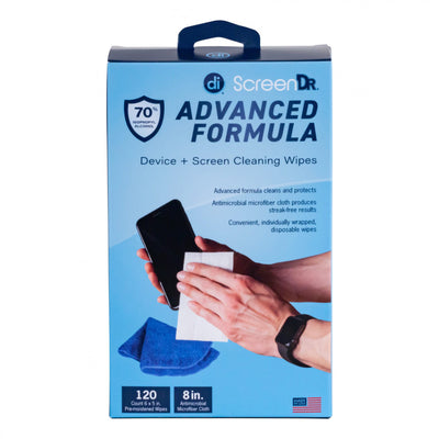 Photo of the front of a box of ScreenDr Advanced Formula 120 count screen cleaning wipes.