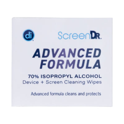 Photo of one packet of ScreenDr Advanced Formula 120 count screen cleaning wipes.