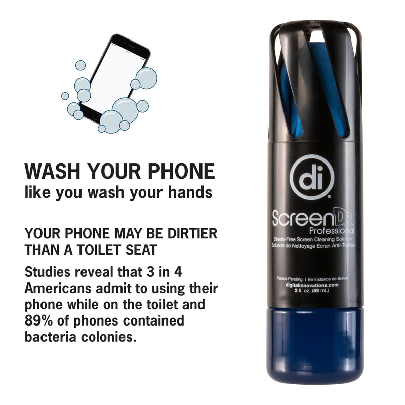 Studio photo of a ScreenDr 2 fl. oz. complete screen cleaning system with the words, "Wash your phone like you wash your hands" and an illustration of a phone with soap bubbles.