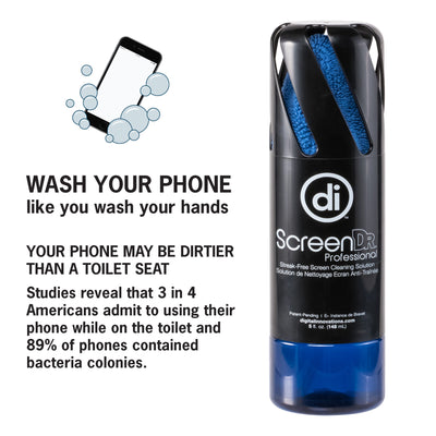 Studio photo of the ScreenDr 5 fl. oz. complete screen cleaning system with the words, "Wash your phone like you wash your hands" and an illustration of a smartphone with soap bubbles.