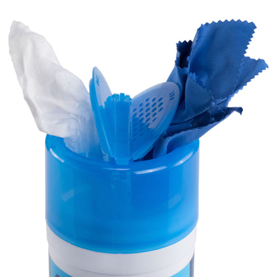 Close-up studio photo of an open lid of a ScreenDr WetDry Wipes container. Demonstrates the two sides of the lid with a wet/dry wipe sticking out of one side, and a blue microfiber cloth sticking out of the vented side.