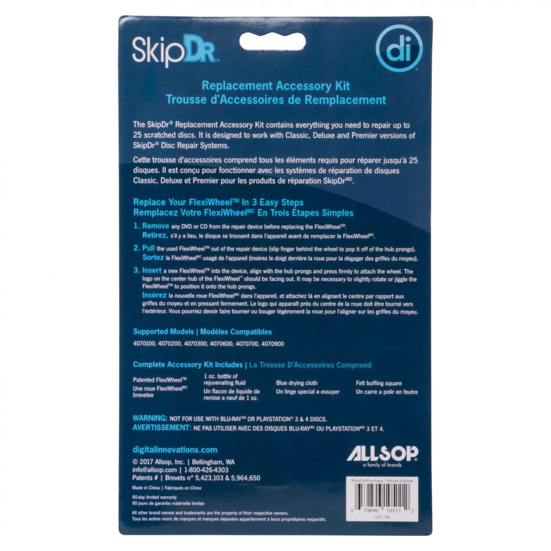 Studio photo of the back of the SkipDr Replacement Kit in packaging.